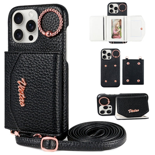 For iPhone 14 Pro Max VIETAO Ring Holder Card Bag Phone Case with Lanyard(Black) - iPhone 14 Pro Max Cases by VIETAO | Online Shopping UK | buy2fix