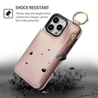 For iPhone 16 Pro RFlD Anti-theft Double Buckle Ring Zipper Card Phone Case(Rose Gold) - iPhone 16 Pro Cases by buy2fix | Online Shopping UK | buy2fix