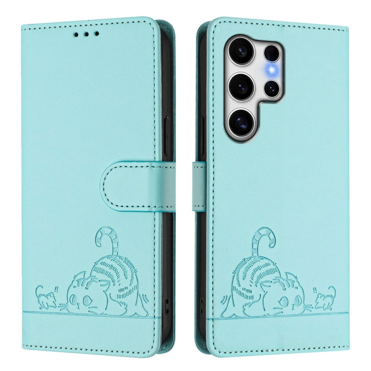 For Samsung Galaxy S25 Ultra 5G Cat Rat Embossed RFID Leather Phone Case with Lanyard(Mint Green) - Galaxy S25 Ultra 5G Cases by buy2fix | Online Shopping UK | buy2fix