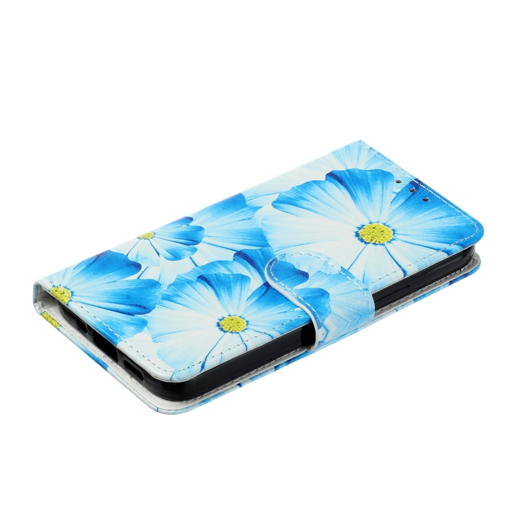 For iPhone 16 Colored Drawing Marble Pattern Leather Phone Case(Blue Flower) - iPhone 16 Cases by buy2fix | Online Shopping UK | buy2fix