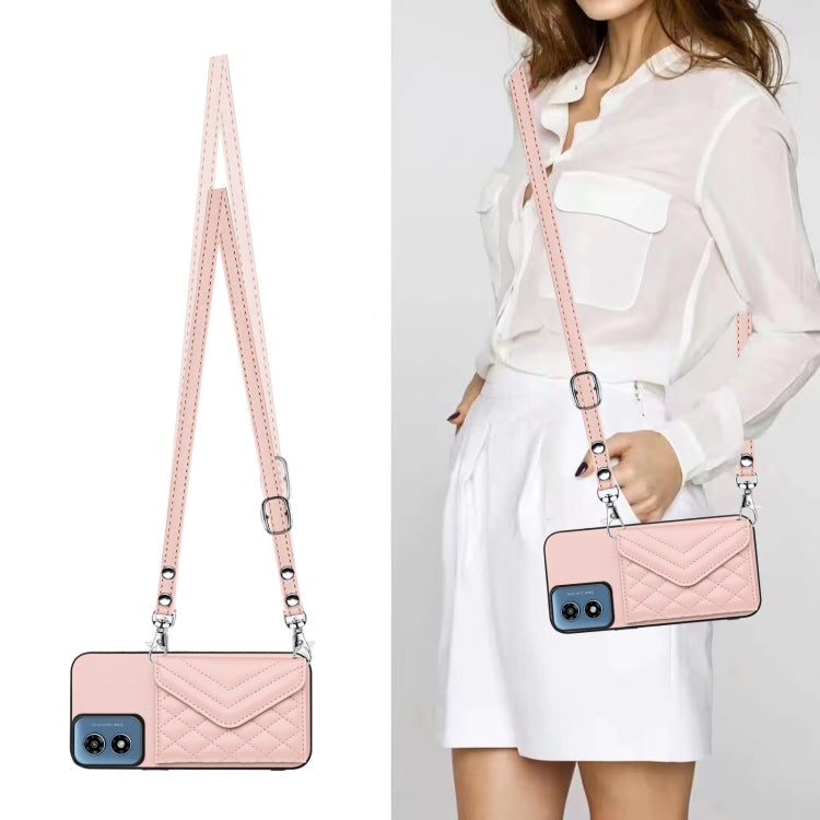 For Motorola Moto G Play 2024 5G Rhombic Texture Card Bag RFID Phone Case with Long Lanyard(Rose Gold) - Motorola Cases by buy2fix | Online Shopping UK | buy2fix