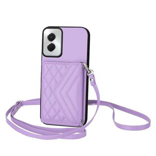 For Motorola Moto G Power 2024 5G Rhombic Texture Card Bag RFID Phone Case with Long Lanyard(Light Purple) - Motorola Cases by buy2fix | Online Shopping UK | buy2fix