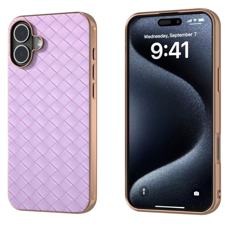 For iPhone 16 Plus Electroplated Frame Woven Texture PU Phone Case(Purple) - iPhone 16 Plus Cases by buy2fix | Online Shopping UK | buy2fix