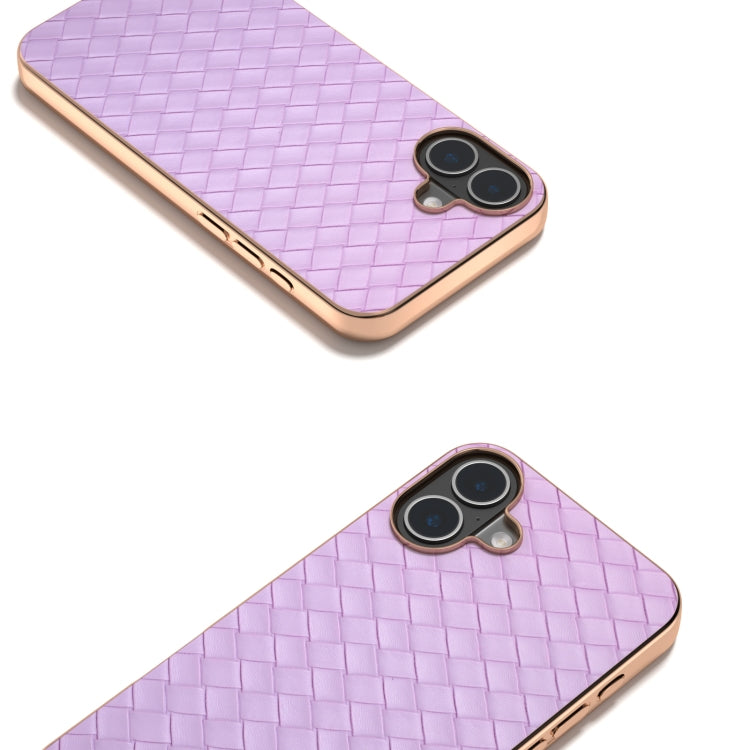 For iPhone 16 Plus Electroplated Frame Woven Texture PU Phone Case(Purple) - iPhone 16 Plus Cases by buy2fix | Online Shopping UK | buy2fix