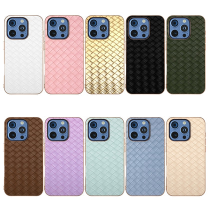 For iPhone 16 Pro Max Electroplated Frame Woven Texture PU Phone Case(White) - iPhone 16 Pro Max Cases by buy2fix | Online Shopping UK | buy2fix