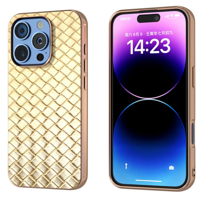 For iPhone 16 Pro Max Electroplated Frame Woven Texture PU Phone Case(Gold) - iPhone 16 Pro Max Cases by buy2fix | Online Shopping UK | buy2fix