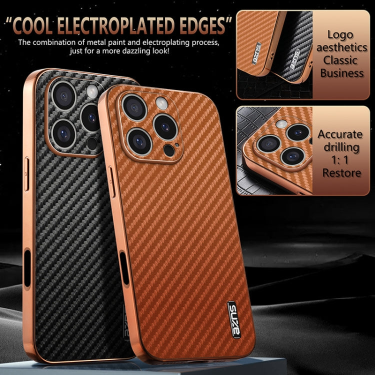 For iPhone 16 Pro AZNS Electroplated Edge Carbon Fiber Texture Phone Case(Brown) - iPhone 16 Pro Cases by AZNS | Online Shopping UK | buy2fix