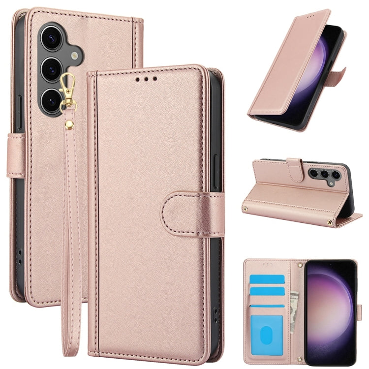 For Samsung Galaxy S25 5G Skin Feel Pure Color Card Slots Leather Phone Case with Dual Lanyard(Rose Gold) - Galaxy S25 5G Cases by buy2fix | Online Shopping UK | buy2fix