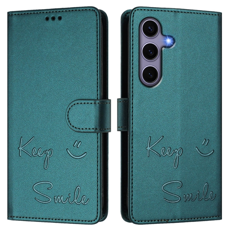 For Samsung Galaxy S25 5G Smile Embossing RFID Leather Phone Case(Peacock Green) - Galaxy S25 5G Cases by buy2fix | Online Shopping UK | buy2fix