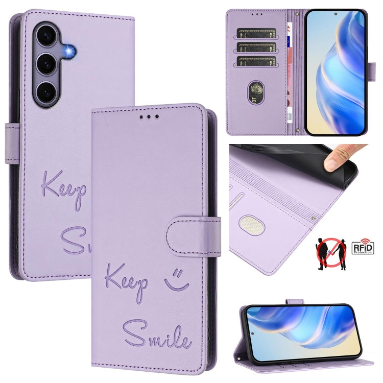 For Samsung Galaxy S25 5G Smile Embossing RFID Leather Phone Case(Light Purple) - Galaxy S25 5G Cases by buy2fix | Online Shopping UK | buy2fix