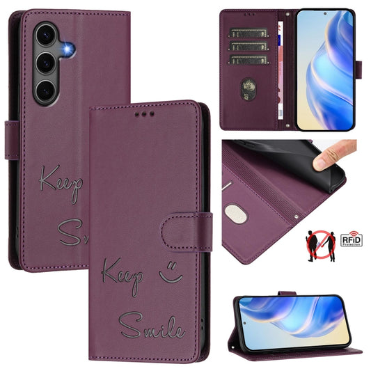 For Samsung Galaxy S25+ 5G Smile Embossing RFID Leather Phone Case(Violet) - Galaxy S25+ 5G Cases by buy2fix | Online Shopping UK | buy2fix