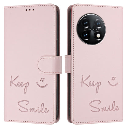 For OnePlus 11 Smile Embossing RFID Leather Phone Case(Pink) - OnePlus Cases by buy2fix | Online Shopping UK | buy2fix