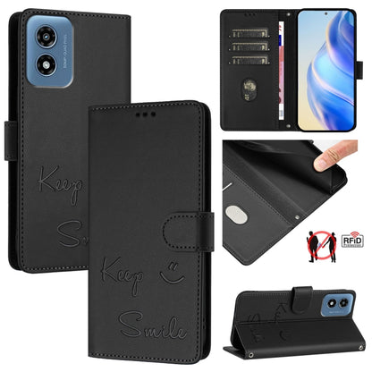 For Motorola Moto G Play 4G 2024 Global Smile Embossing RFID Leather Phone Case(Black) - Motorola Cases by buy2fix | Online Shopping UK | buy2fix