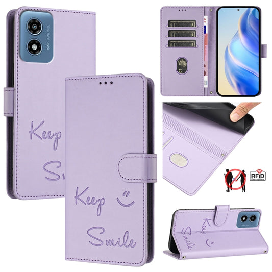 For Motorola Moto G Play 4G 2024 Global Smile Embossing RFID Leather Phone Case(Light Purple) - Motorola Cases by buy2fix | Online Shopping UK | buy2fix