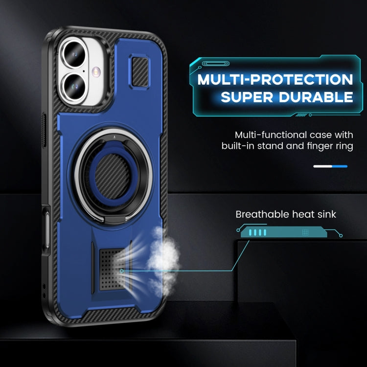 For iPhone 16 Ring Holder Carbon Fiber PC Hybrid TPU Phone Case(Blue) - iPhone 16 Cases by buy2fix | Online Shopping UK | buy2fix