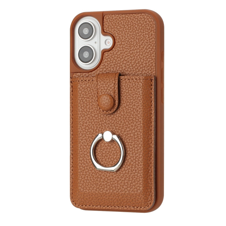 For iPhone 16 Litchi Texture Drawing Card Bag Ring Holder Phone Case(Brown) - iPhone 16 Cases by buy2fix | Online Shopping UK | buy2fix