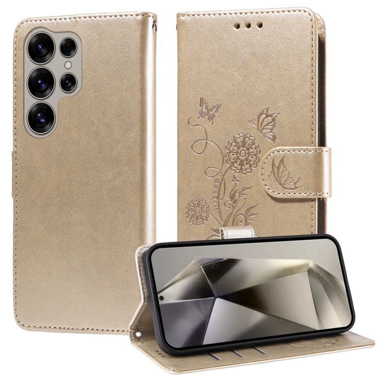 For Samsung Galaxy S25 Ultra 5G Embossed Butterfly Flowers Leather Phone Case(Gold) - Galaxy S25 Ultra 5G Cases by buy2fix | Online Shopping UK | buy2fix