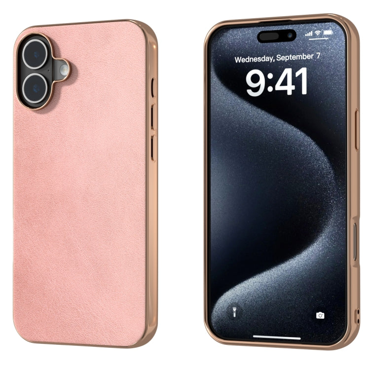 For iPhone 16 Plus Nano Electroplating Dual Color Cowhide Texture Protective Phone Case(Rose Gold) - iPhone 16 Plus Cases by buy2fix | Online Shopping UK | buy2fix