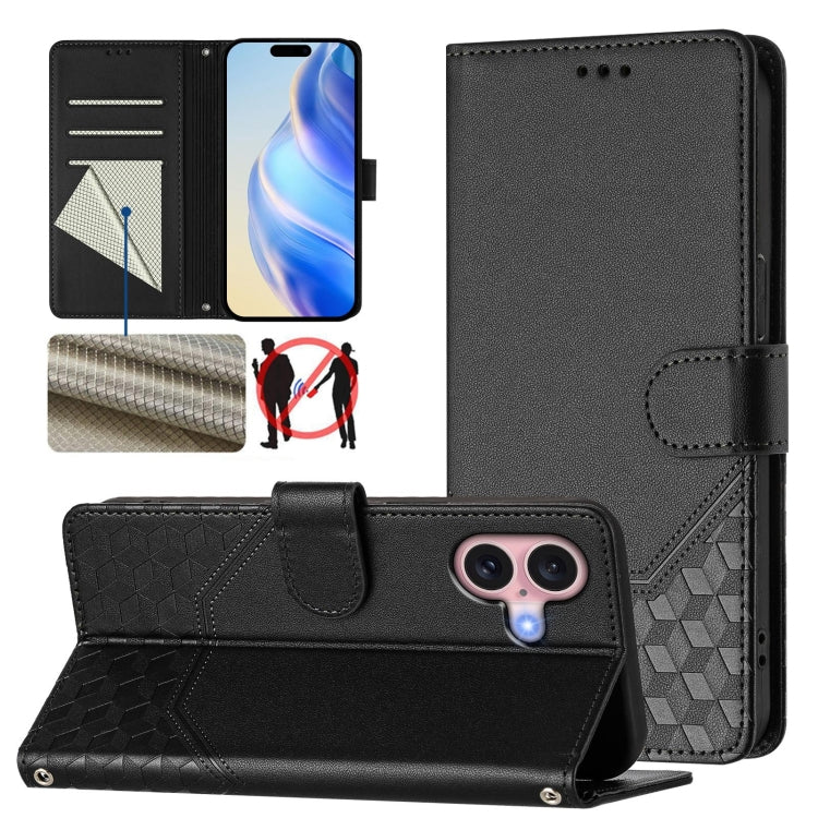 For iPhone 16 Honeycomb Embossing RFID Leather Phone Case(Black) - iPhone 16 Cases by buy2fix | Online Shopping UK | buy2fix