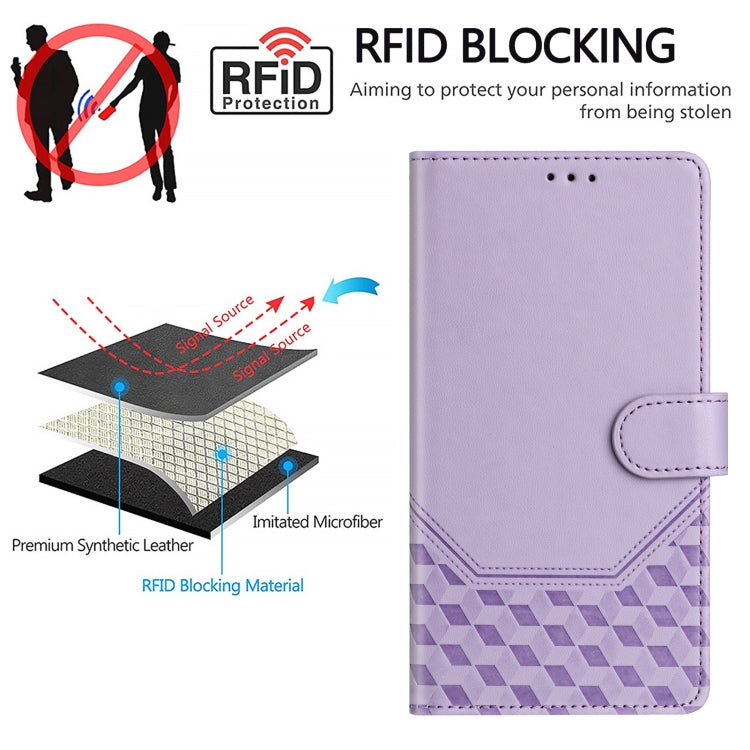 For iPhone 16 Honeycomb Embossing RFID Leather Phone Case(Light Purple) - iPhone 16 Cases by buy2fix | Online Shopping UK | buy2fix