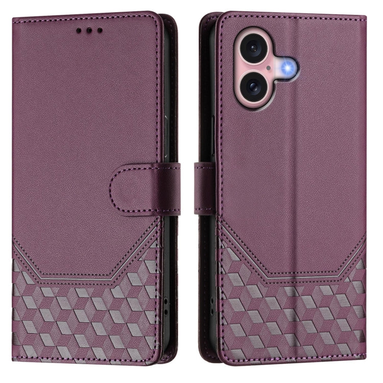 For iPhone 16 Honeycomb Embossing RFID Leather Phone Case(Violet) - iPhone 16 Cases by buy2fix | Online Shopping UK | buy2fix