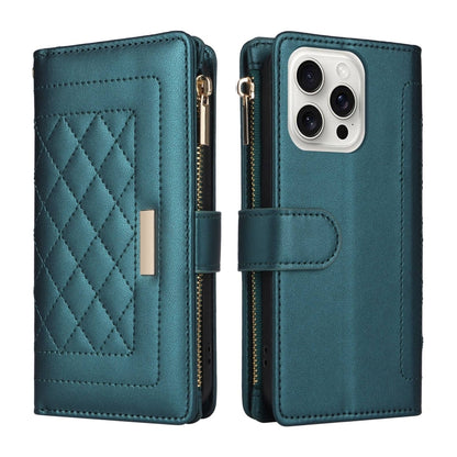 For iPhone 16 Pro Crossbody Zipper Wallet Rhombus Leather Phone Case(Green) - iPhone 16 Pro Cases by buy2fix | Online Shopping UK | buy2fix