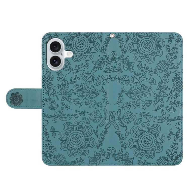 For iPhone 16 Plus Floral Embossed Pattern Leather Phone Case(Dark Green) - iPhone 16 Plus Cases by buy2fix | Online Shopping UK | buy2fix