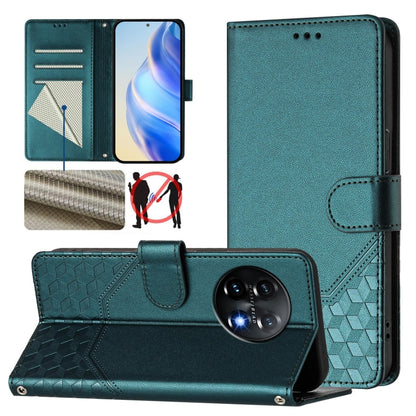 For OnePlus 11 Honeycomb Embossing RFID Leather Phone Case(Peacock Green) - OnePlus Cases by buy2fix | Online Shopping UK | buy2fix