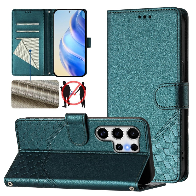 For Samsung Galaxy S25 Ultra 5G Honeycomb Embossing RFID Leather Phone Case(Peacock Green) - Galaxy S25 Ultra 5G Cases by buy2fix | Online Shopping UK | buy2fix