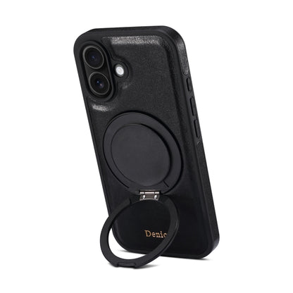 For iPhone 16 Plus Denior A17 Genuine Leather Gear Magnetic Holder Phone Case(Black) - iPhone 16 Plus Cases by Denior | Online Shopping UK | buy2fix