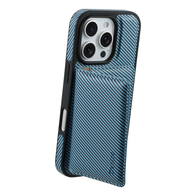 For iPhone 16 Plus Denior Carbon Fiber Texture Leather Card Bag MagSafe Phone Case(Blue) - iPhone 16 Plus Cases by Denior | Online Shopping UK | buy2fix