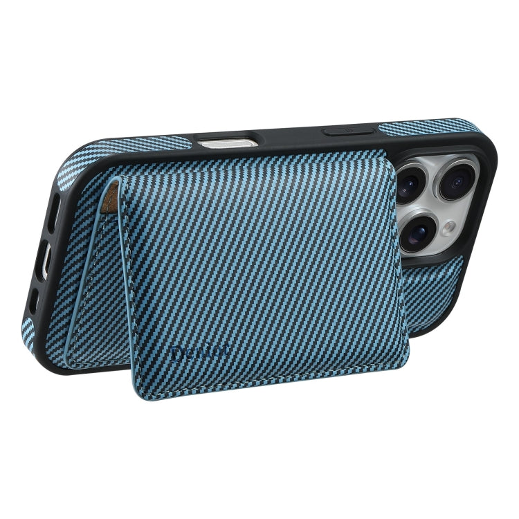 For iPhone 16 Plus Denior Carbon Fiber Texture Leather Card Bag MagSafe Phone Case(Blue) - iPhone 16 Plus Cases by Denior | Online Shopping UK | buy2fix