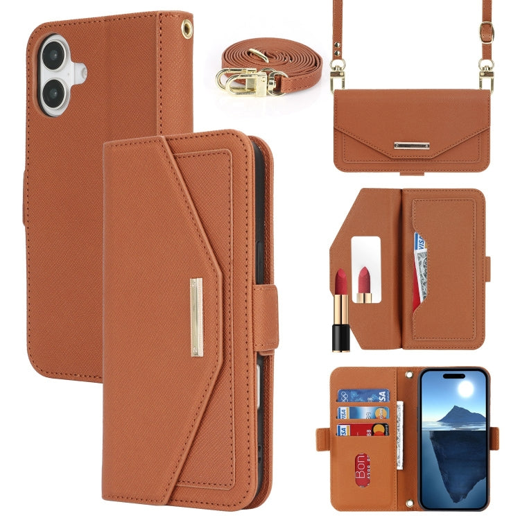 For iPhone 16 Cross Texture Crossbody Lanyard Leather Phone Case(Brown) - iPhone 16 Cases by buy2fix | Online Shopping UK | buy2fix