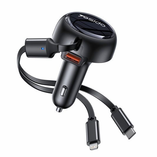 Yesido Y61 53W Type-C + 8 Pin Retractable Cable 3 in 1 Car Charger(Black) - Car Charger by Yesido | Online Shopping UK | buy2fix