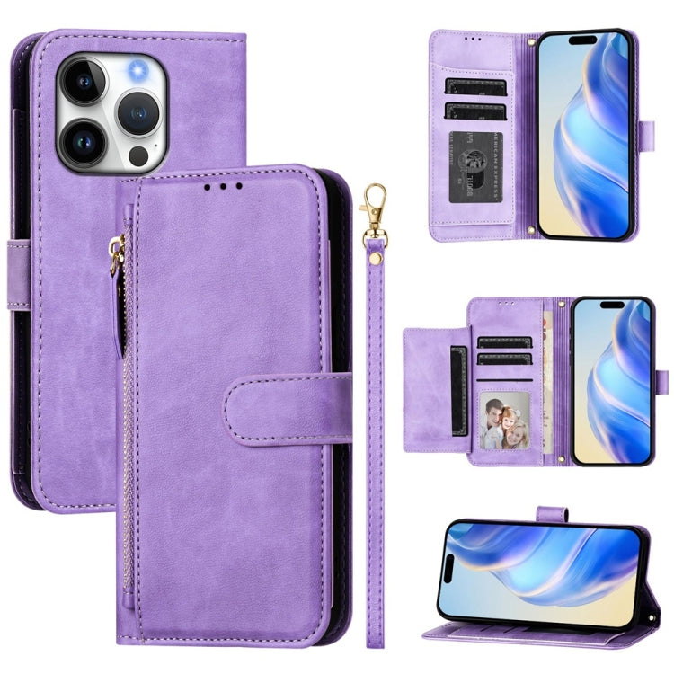 For iPhone 16 Pro Multi-Card Slots Zipper Wallet Leather Phone Case(Purple) - iPhone 16 Pro Cases by buy2fix | Online Shopping UK | buy2fix