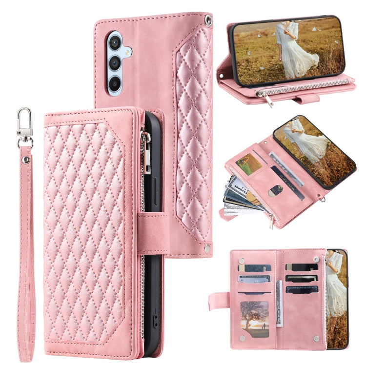 For Samsung Galaxy S25 5G Grid Texture Zipper Leather Phone Case with Lanyard(Rose Gold) - Galaxy S25 5G Cases by buy2fix | Online Shopping UK | buy2fix