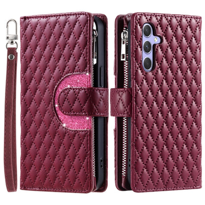 For Samsung Galaxy S25 5G Glitter Lattice Zipper Wallet Leather Phone Case(Wine Red) - Galaxy S25 5G Cases by buy2fix | Online Shopping UK | buy2fix