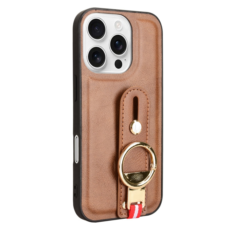 For iPhone 16 Pro Wristband Leather Back Phone Case(Brown) - iPhone 16 Pro Cases by buy2fix | Online Shopping UK | buy2fix