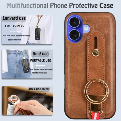 For iPhone 16 Wristband Leather Back Phone Case(Brown) - iPhone 16 Cases by buy2fix | Online Shopping UK | buy2fix