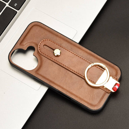 For iPhone 16 Wristband Leather Back Phone Case(Brown) - iPhone 16 Cases by buy2fix | Online Shopping UK | buy2fix