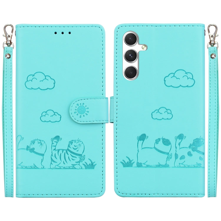 For Samsung Galaxy S25 5G Cute Cats RFID Leather Phone Case(Green) - Galaxy S25 5G Cases by buy2fix | Online Shopping UK | buy2fix