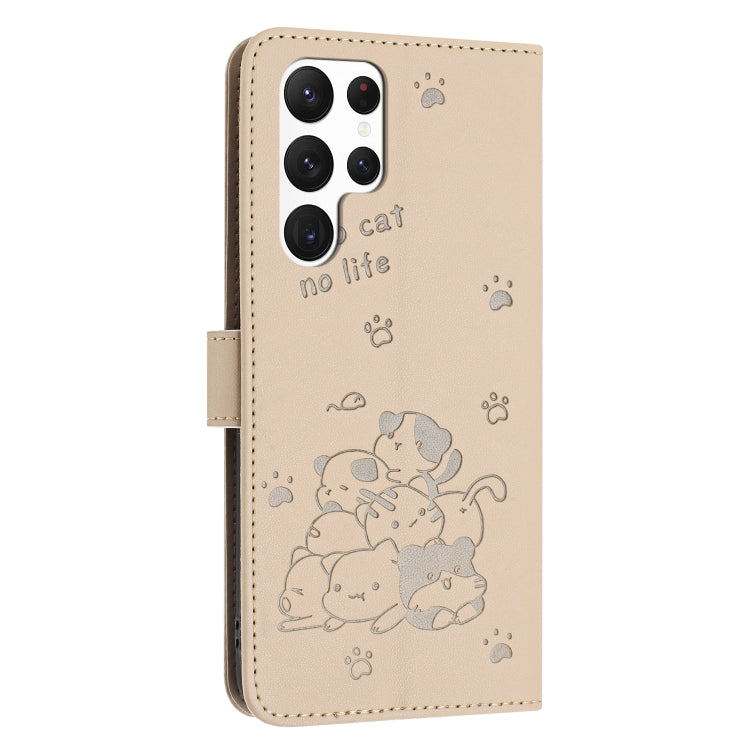 For Samsung Galaxy S25 Ultra 5G Embossed Kitten Phone Leather Case with Lanyard(Beige) - Galaxy S25 Ultra 5G Cases by buy2fix | Online Shopping UK | buy2fix