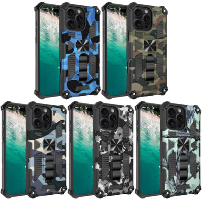 For iPhone 16 Pro Camouflage Armor Kickstand TPU Hybrid PC Magnetic Phone Case(Blue) - iPhone 16 Pro Cases by buy2fix | Online Shopping UK | buy2fix