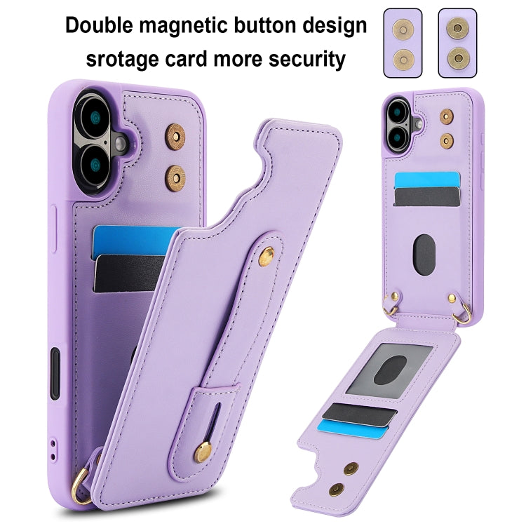 For iPhone 16 Plus Wristband Vertical Flip Wallet Back Cover Phone Case with Long Lanyard(Purple) - iPhone 16 Plus Cases by buy2fix | Online Shopping UK | buy2fix