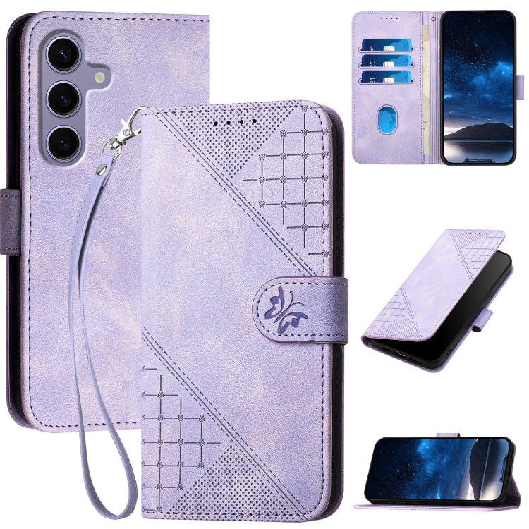 For Samsung Galaxy S25 5G YX0080 Grid Butterfly Embossed Pattern Flip Leather Phone Case with Lanyard(Light Purple) - Galaxy S25 5G Cases by buy2fix | Online Shopping UK | buy2fix