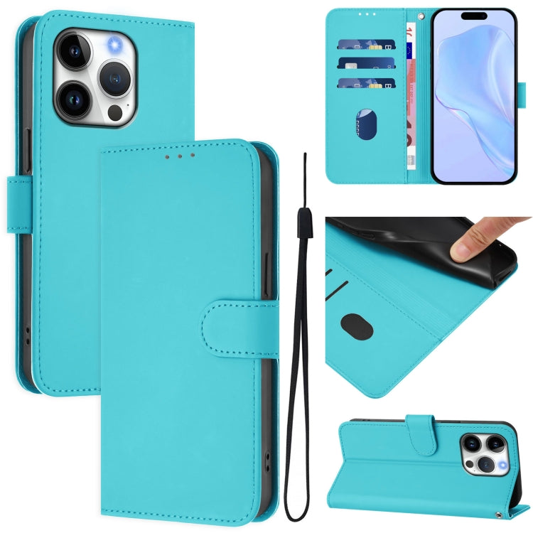 For iPhone 16 Pro Skin Feel Solid Color Leather Phone Case with Lanyard(Lake Blue) - iPhone 16 Pro Cases by buy2fix | Online Shopping UK | buy2fix