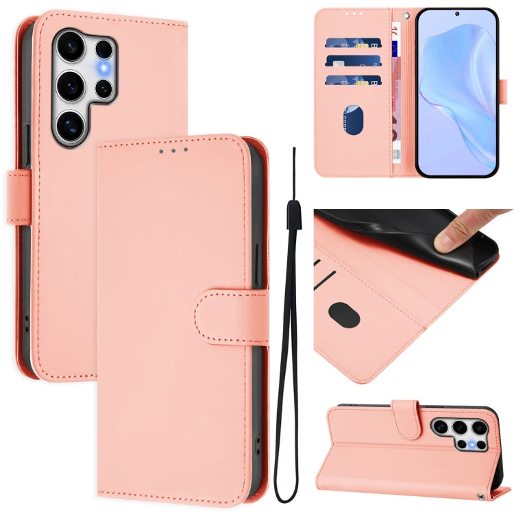 For Samsung Galaxy S25 Ultra 5G Skin Feel Solid Color Leather Phone Case with Lanyard(Pink) - Galaxy S25 Ultra 5G Cases by buy2fix | Online Shopping UK | buy2fix