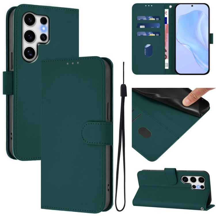 For Samsung Galaxy S25 Ultra 5G Skin Feel Solid Color Leather Phone Case with Lanyard(Dark Green) - Galaxy S25 Ultra 5G Cases by buy2fix | Online Shopping UK | buy2fix