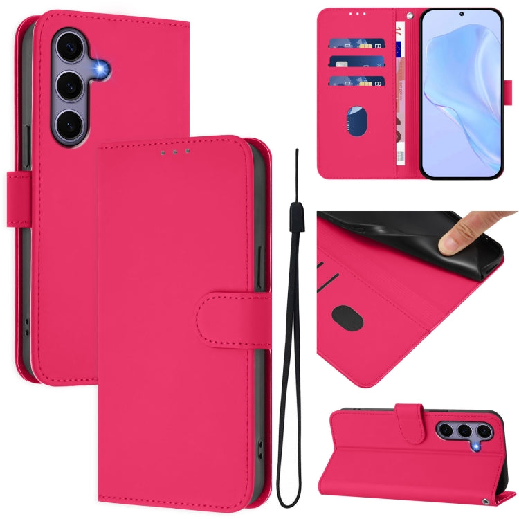 For Samsung Galaxy S25 5G Skin Feel Solid Color Leather Phone Case with Lanyard(Rose Red) - Galaxy S25 5G Cases by buy2fix | Online Shopping UK | buy2fix