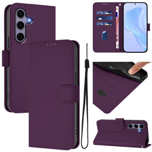 For Samsung Galaxy S25 5G Skin Feel Solid Color Leather Phone Case with Lanyard(Violet) - Galaxy S25 5G Cases by buy2fix | Online Shopping UK | buy2fix